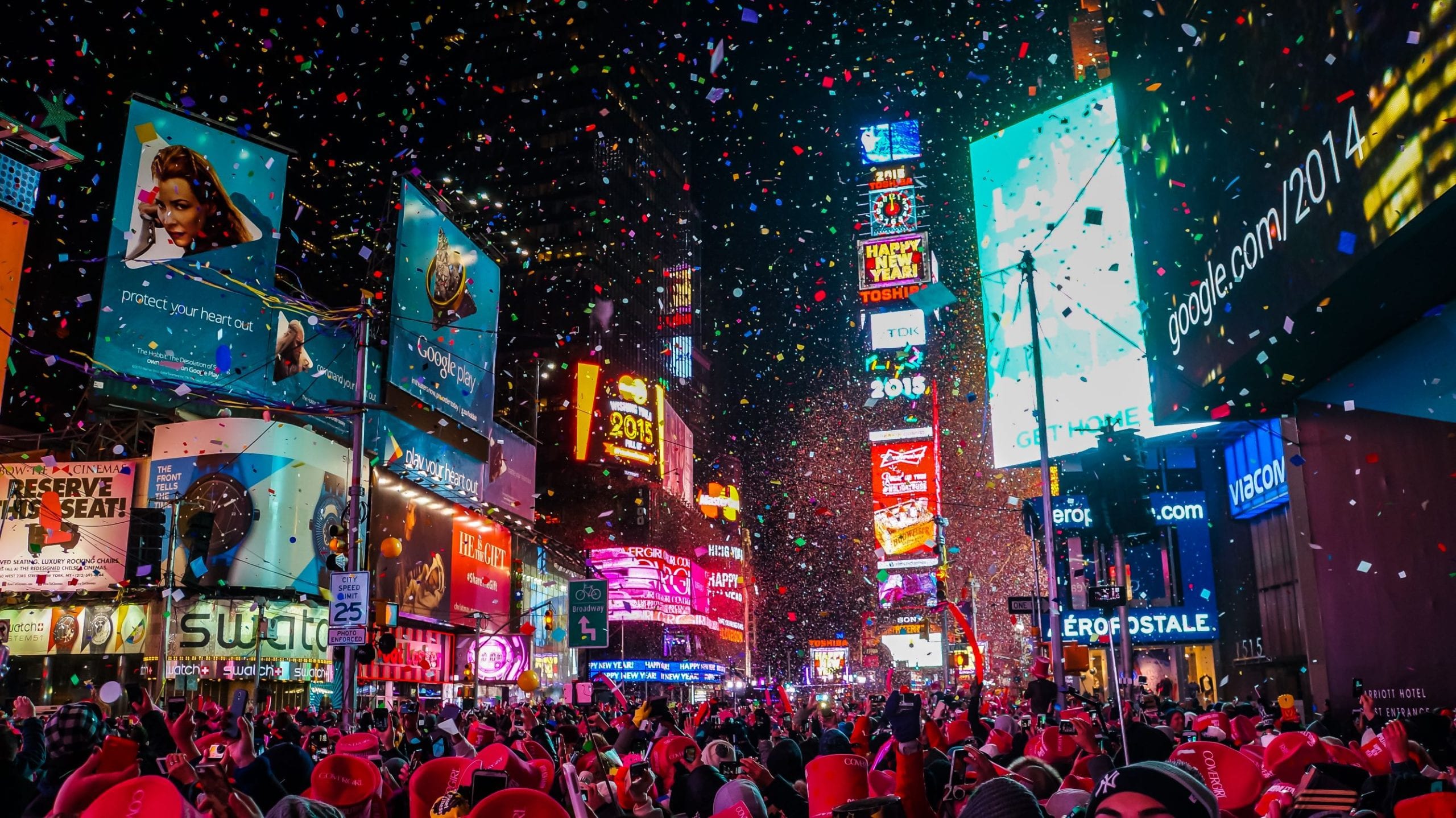 Times Square celebrates New Year with confetti and the ball dropping. Credit: Shutterstock