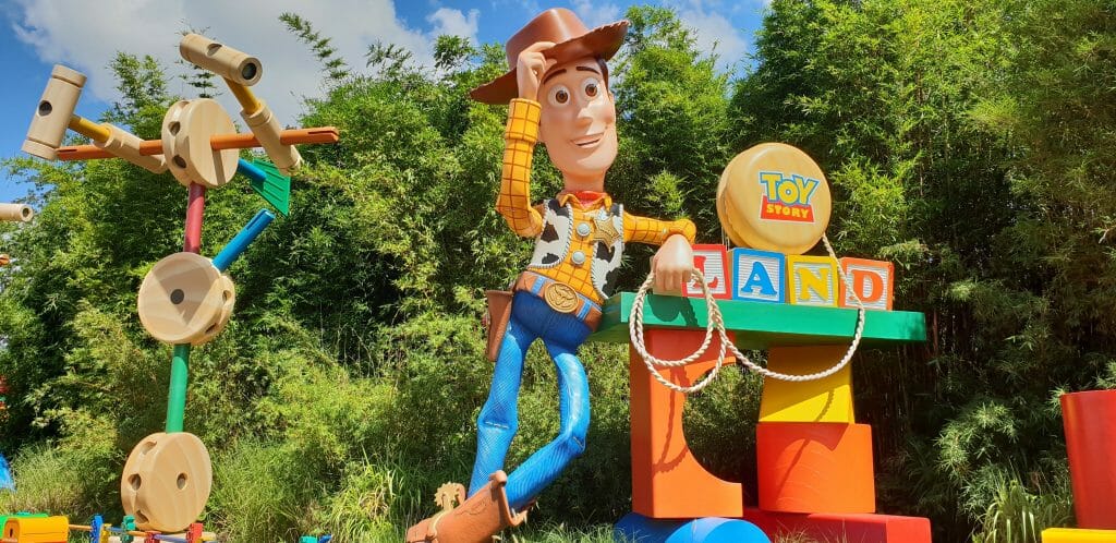 Statue of Woody outside Toy Story Land Disney