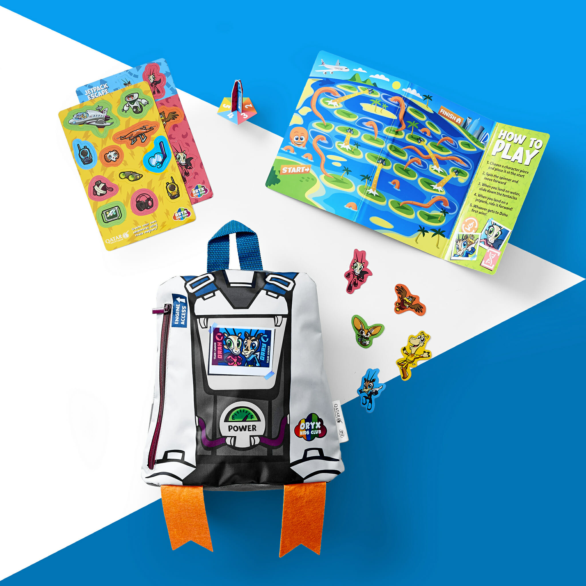 A backpack, stickers, treasure map and in-flight activity pack from Qatar Airways