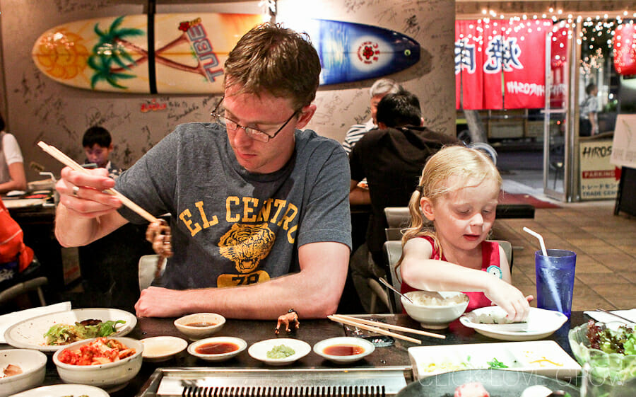 Family eating Japanese in a restaurant