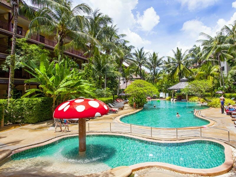 Photo of resort kids pool with red and white mushroom fountain