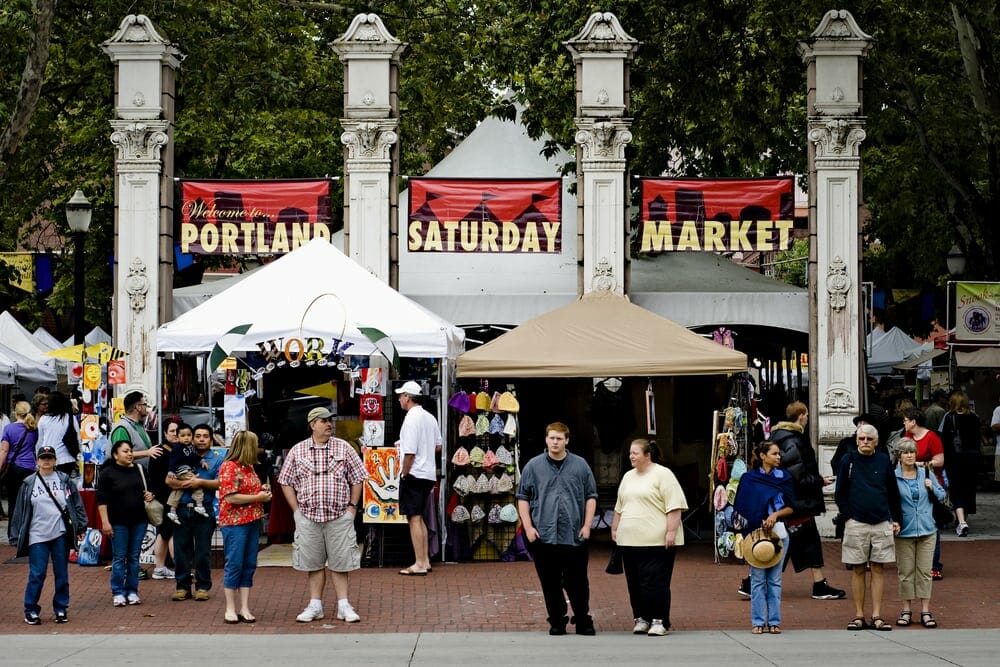 Market tents and crowds at Portland