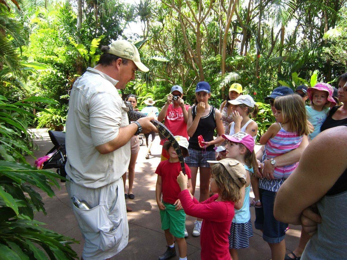 Ranger holds lizard in front of crowd of kids at Australia Zoo