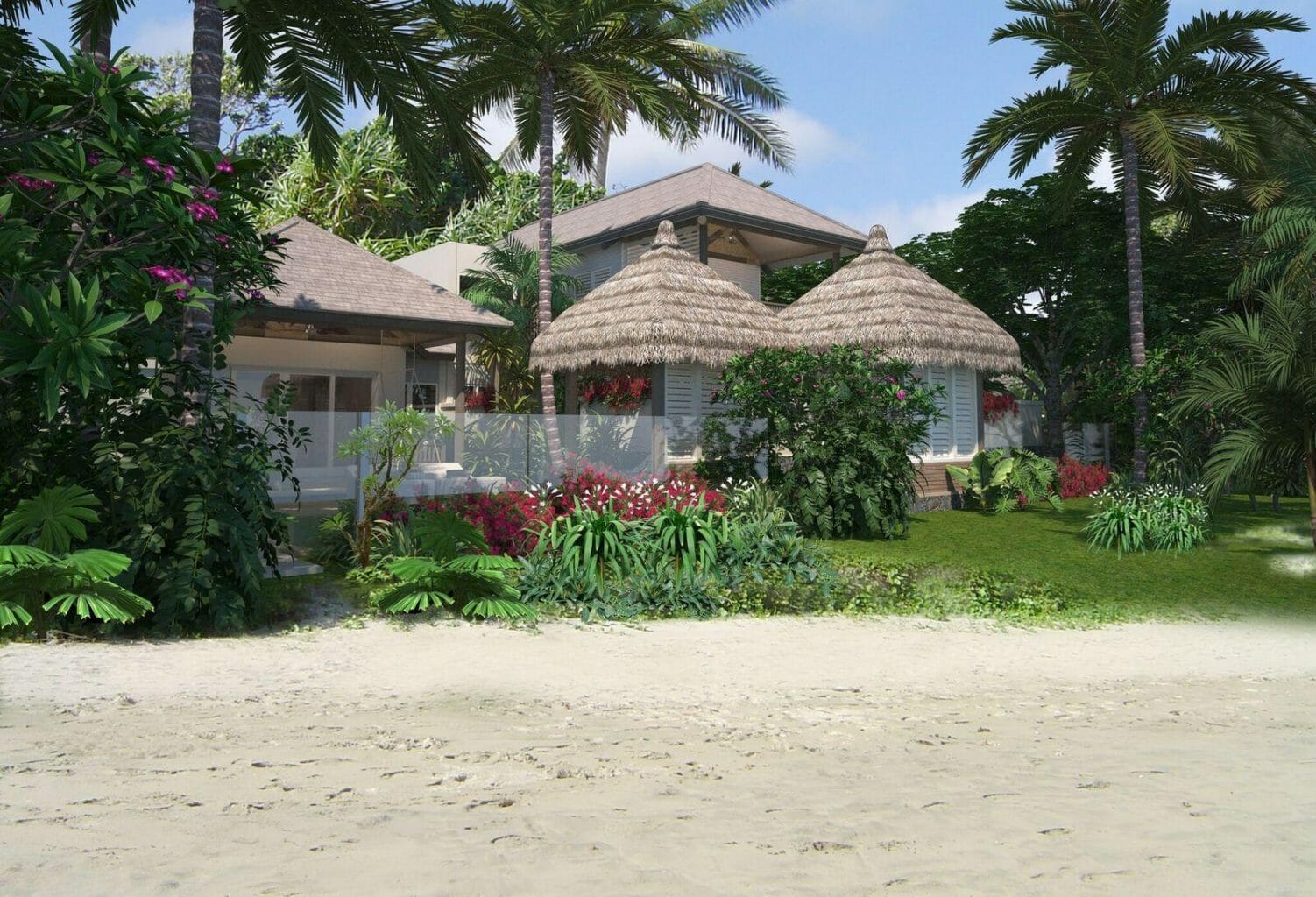 View of thatched-roof villas from sandy beach