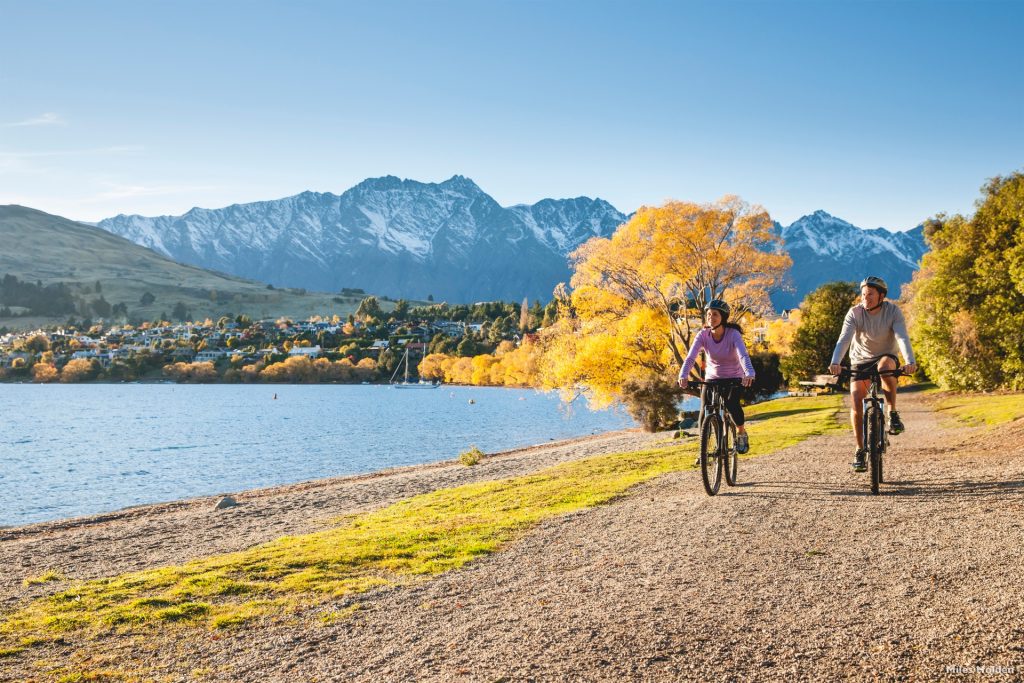 Cycling around Lake Wakatipu New Zealand in summer
