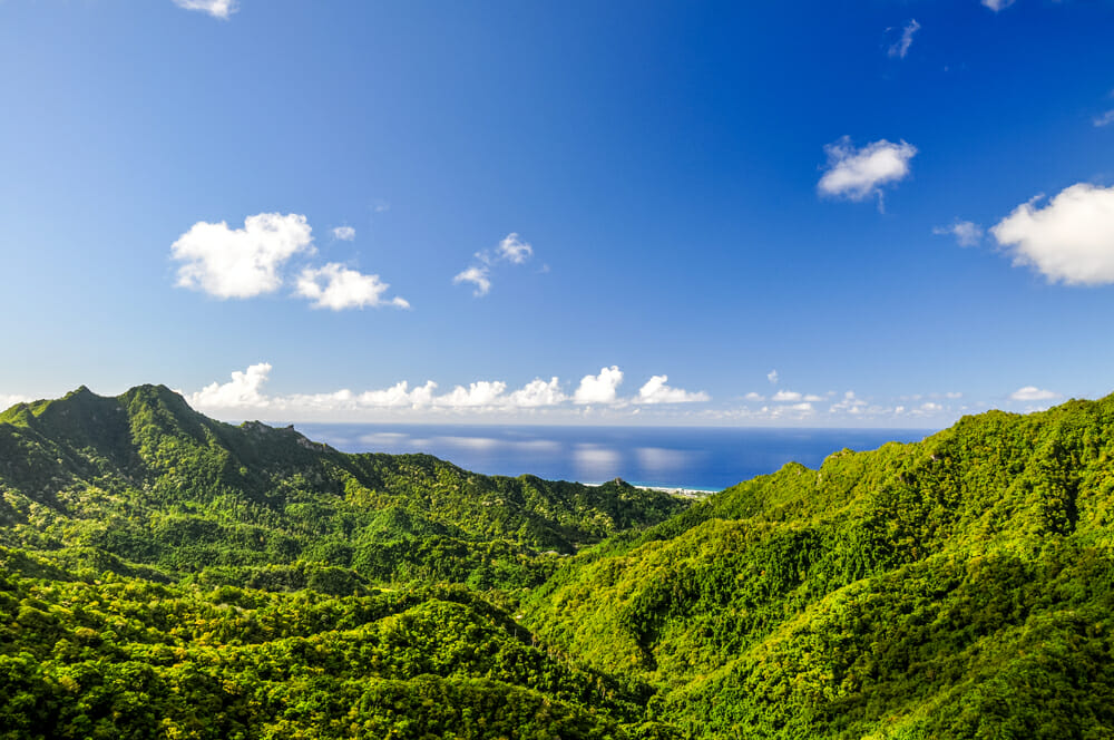 Stunning panorama view from a place called "The Needle" on Rarotonga, the main island of the Cook Islands in the South Pacific. The viewpoint can be reached through hiking the "Cross Island Walk".