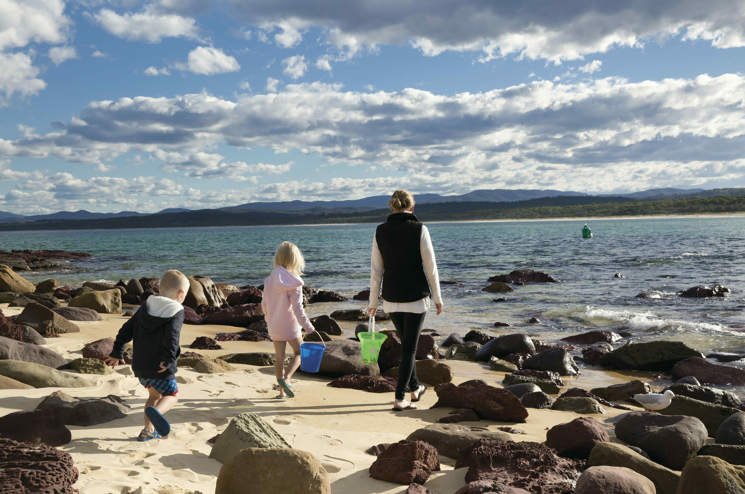 Family enjoying a day at Bar Beach, Merimbula, Sapphire Coast Sapphire coast holiday 