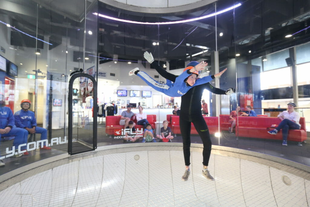 Callum Godfrey tries indoor skydiving in Penrith. Picture: iFlyDownunder / Family Travel