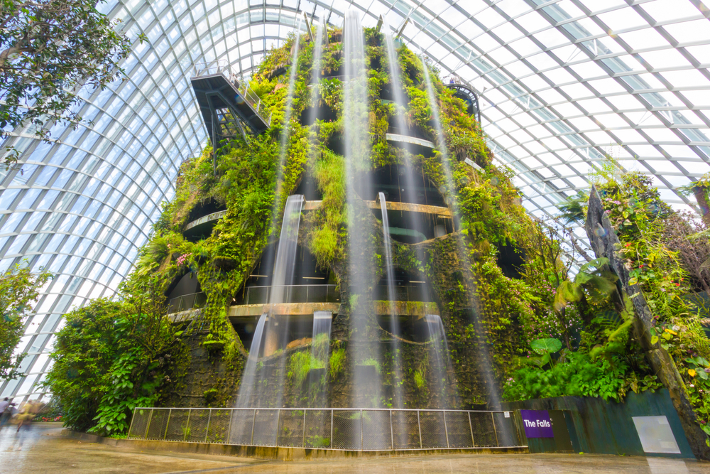 Indoor waterfall in the Cloud Forest at Gardens by the Bay.