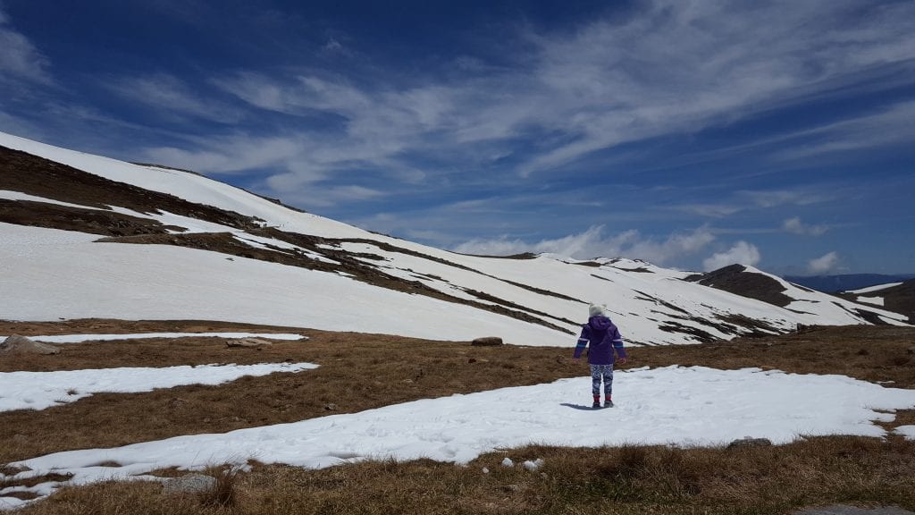 child playing in summer snow in the Snowy Mountains