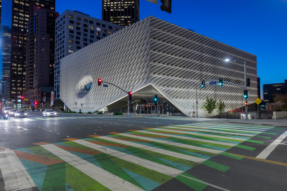 The Broad Museum with it's new colorful crosswalks art installation by Carlos Cruz-Diez in Downtown LA. The museum is named for philanthropist Eli Broad