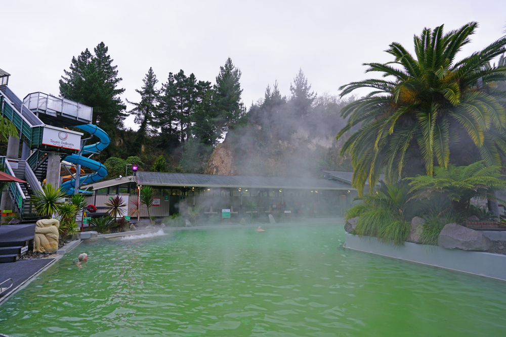 Taupo DeBretts Hot Springs, Pools and Water Park located in the geothermal volcanic area of Lake Taupo in the North Island, New Zealand