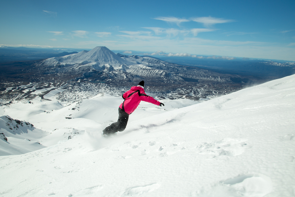 Snowboarding on Mount Ruapehu volcano, Tongariro National Park, New Zealand