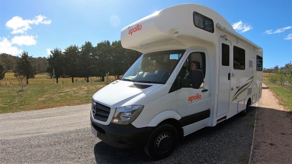 Apolo motorhome on a deserted road in Tasmania