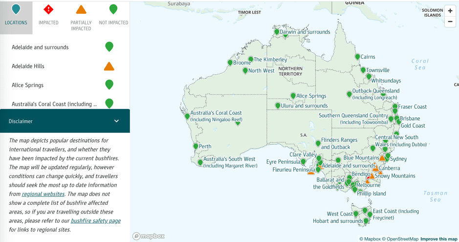 Toursim Australia's interactive bushfire map