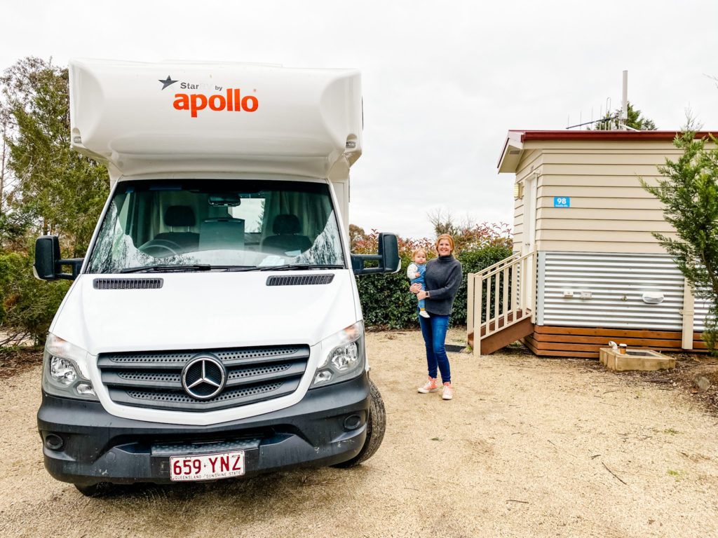 motorhome with mother and baby next at an ensuite powered site at NRMA Bathurst Holiday Park