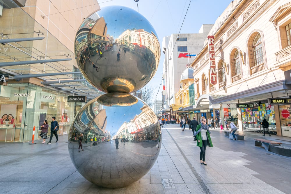 Balls sculpture on Rundle Mall, Adelaide on a sunny winters day