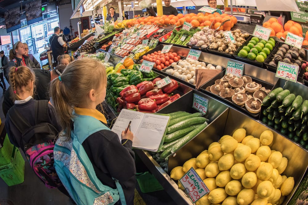 kids looking at fruit & vegetables at Adelaide Central Market