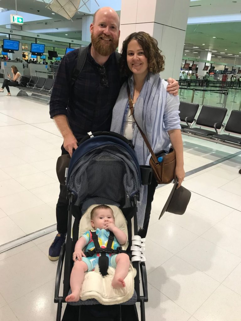 Ben, Jess and Angus at Sydney Airport. Credit: Ben Groundwater