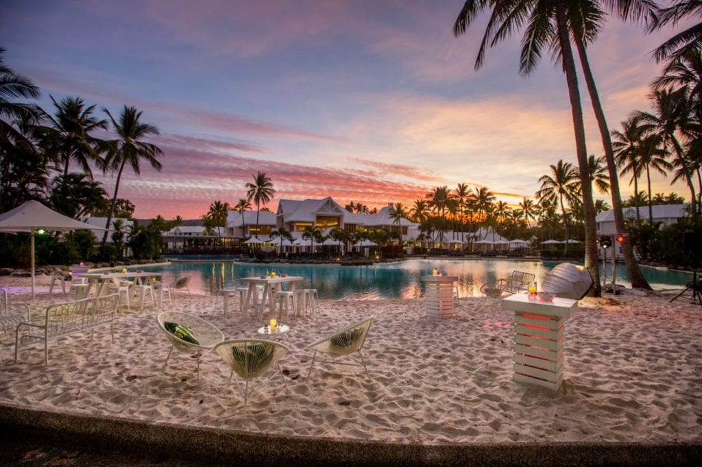 sunset over the man-made beach within the Sheraton Grand Mirage Port Douglas