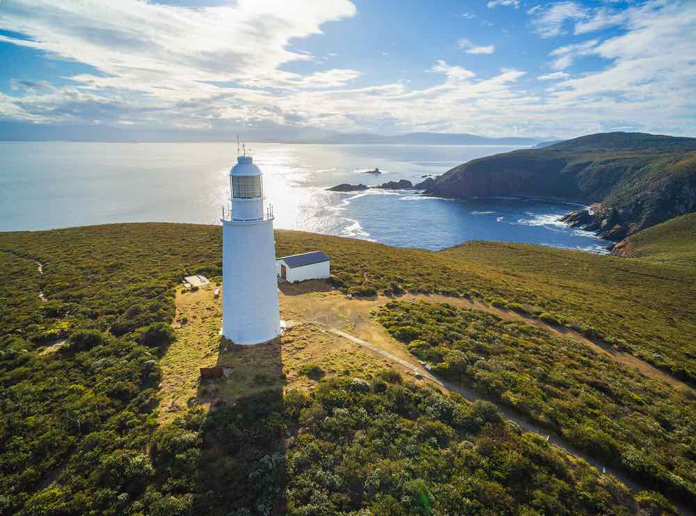 Aerial view of Bruny Island Lighthouse at sunset