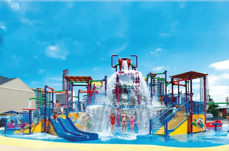 kids under the water bucked in the pool at Paradise Resort on the Gold Coast