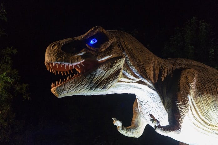 a t-rex as part of the mega creatures night safari at hunter valley gardens this easter school holidays