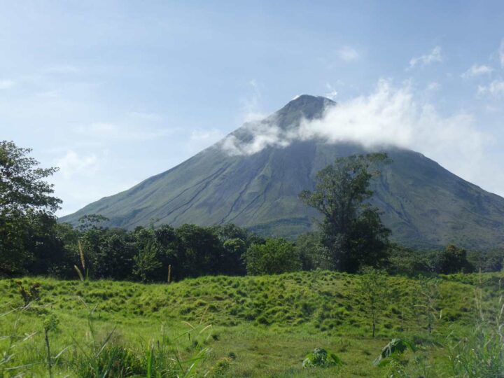 lava lines are clearly visible on the side of the Arenal volcano in Costa Rica